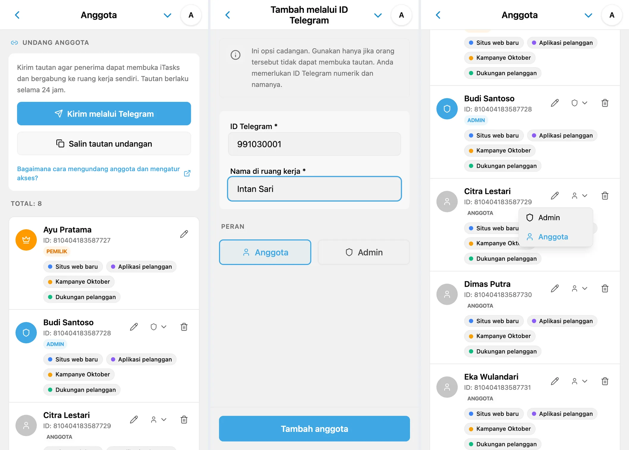 Tim iTasks: undangan, penambahan dengan ID Telegram, dan perubahan peran