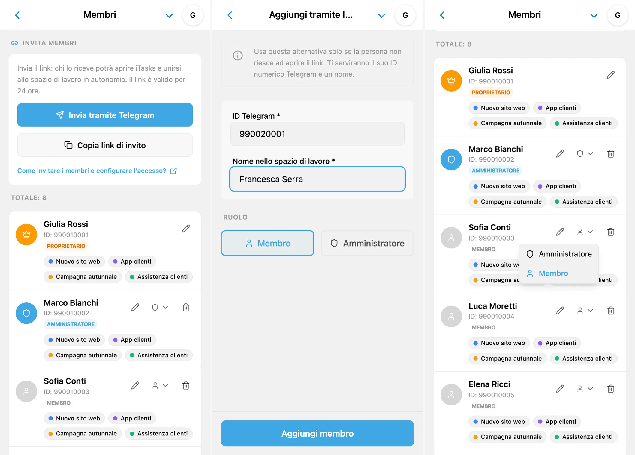 Membri di iTasks: link di invito, aggiunta manuale, scelta del ruolo e menu per cambiarlo