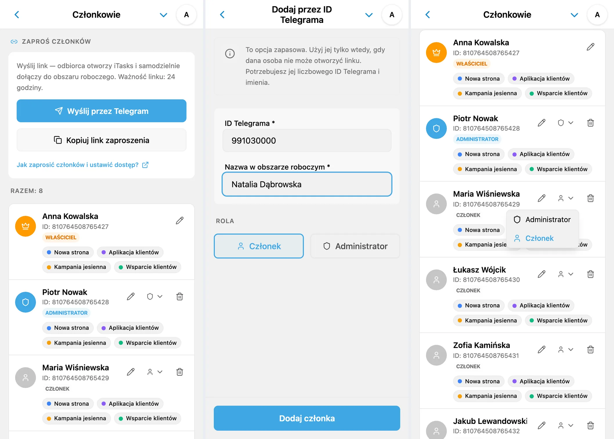 Zespół iTasks: zaproszenie, dodawanie przez identyfikator Telegram i edycja ról