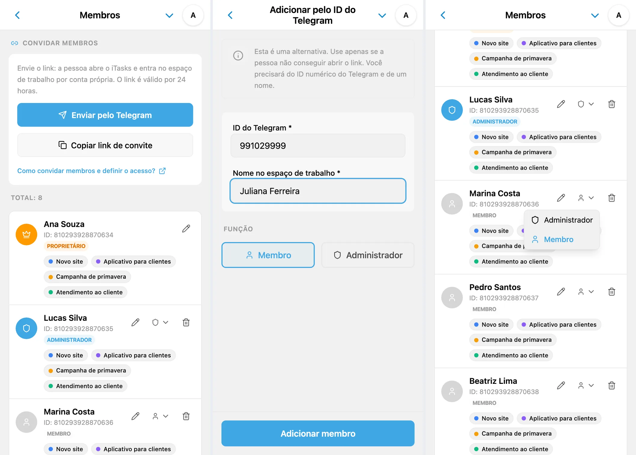 Equipe do iTasks: convites, adição pelo ID do Telegram e alteração de funções