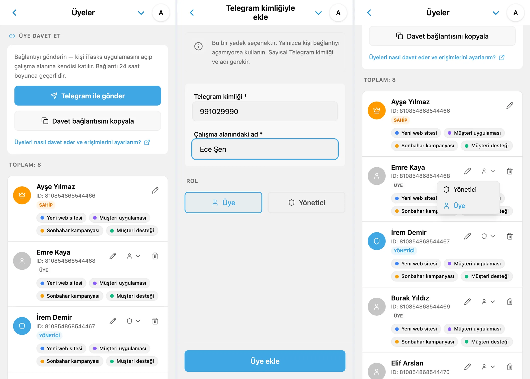 iTasks ekibi: davetler, Telegram kimliğiyle üye ekleme ve rol değiştirme