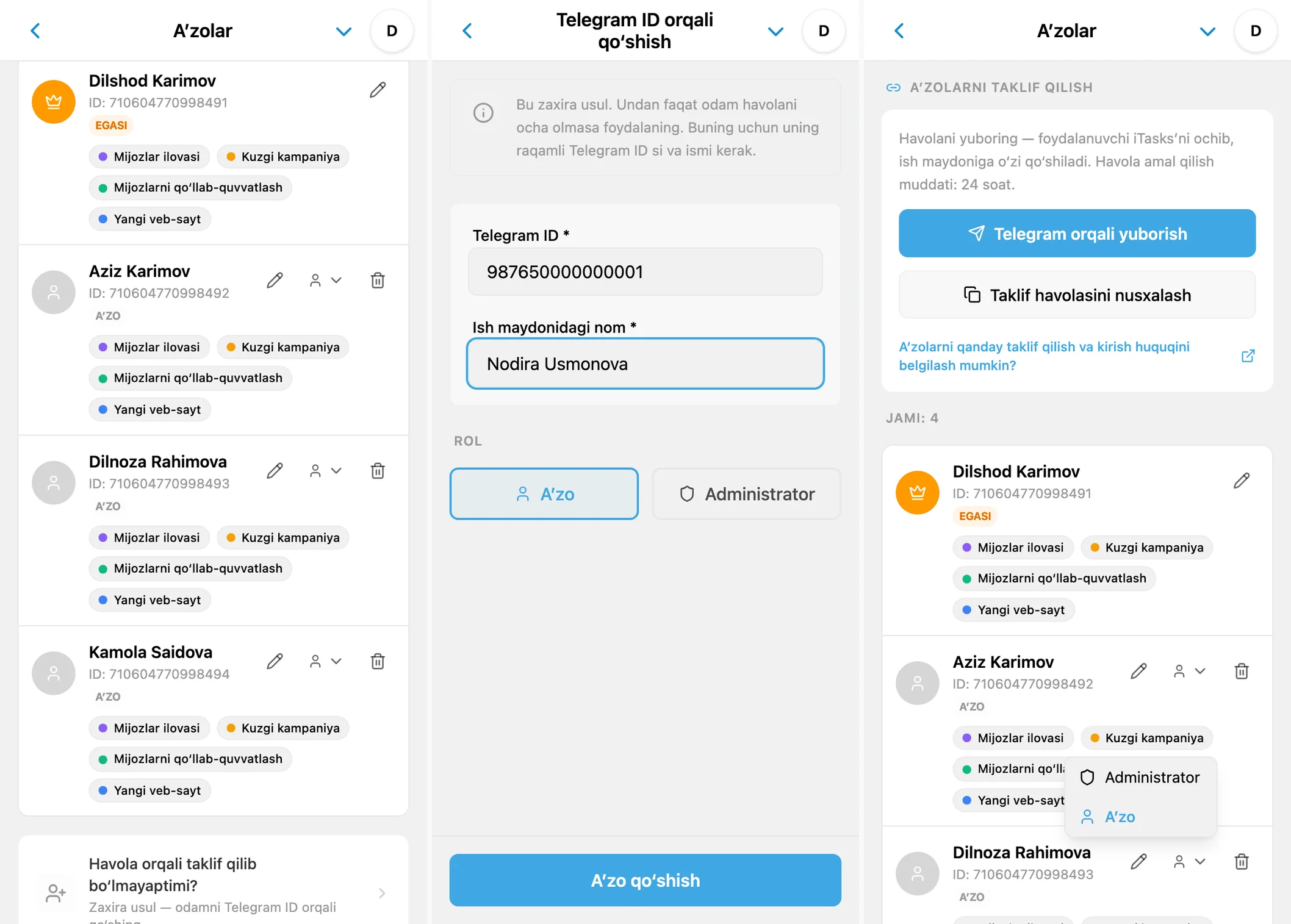 iTasks jamoasi: takliflar, Telegram ID orqali a’zo qo‘shish va rollarni o‘zgartirish