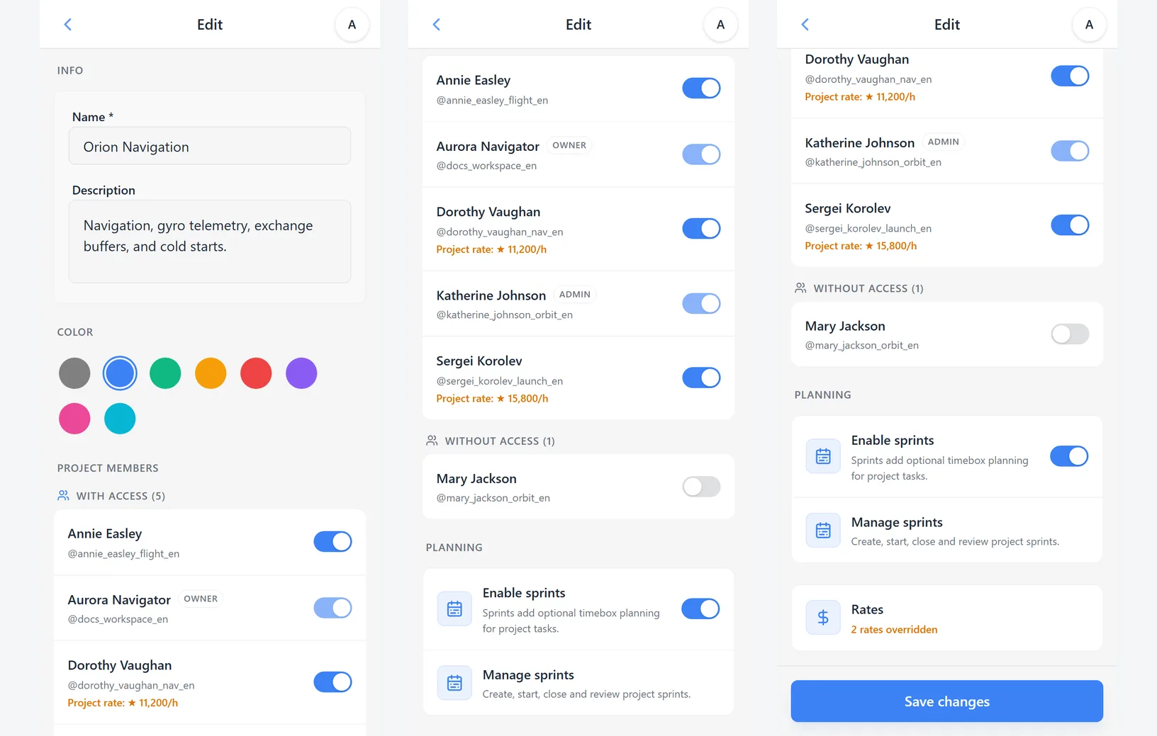 iTasks project editing: members with access, members without access, sprints, and project-specific rates