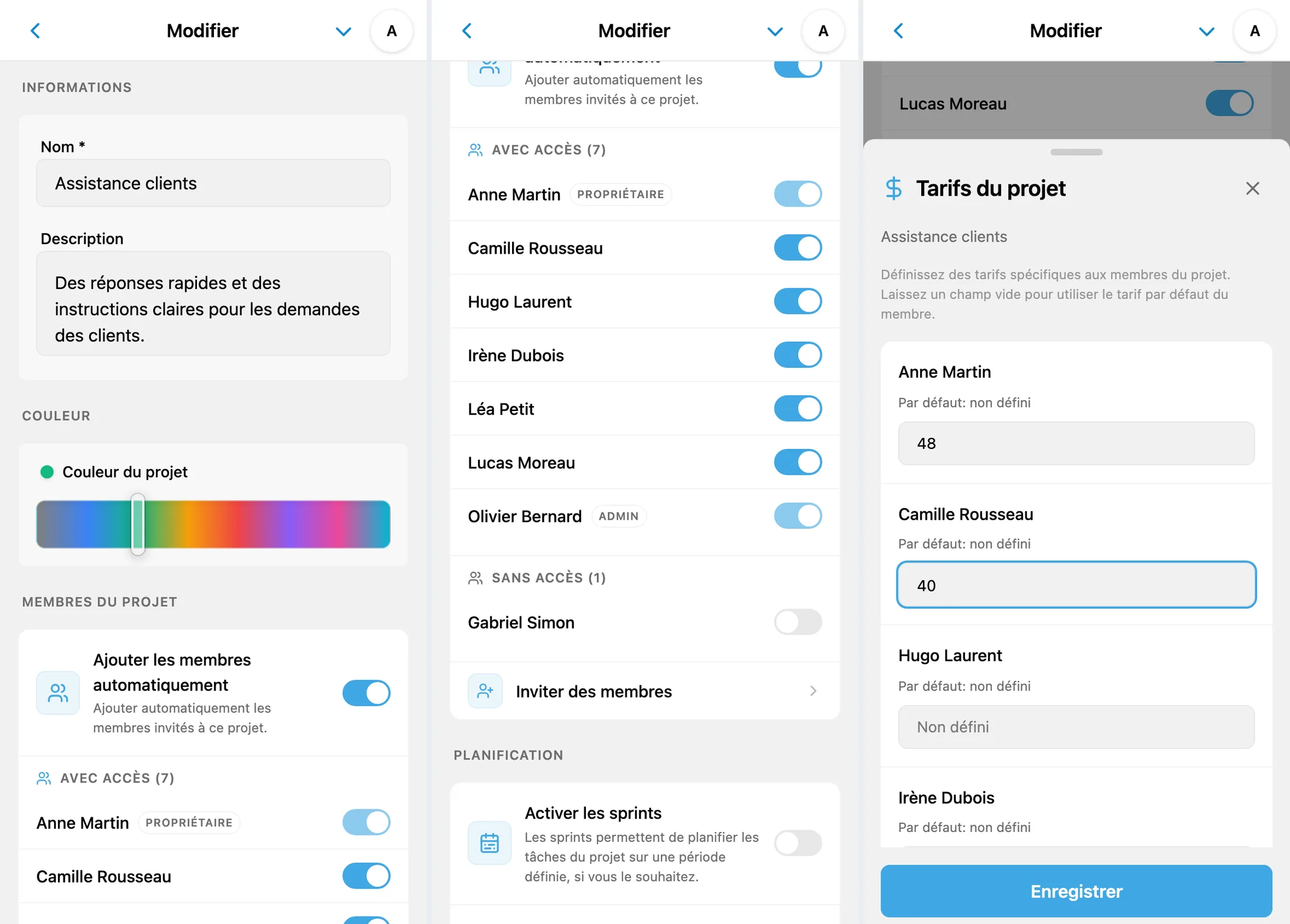 Paramètres d’un projet iTasks : nom, membres, accès et tarifs horaires spécifiques