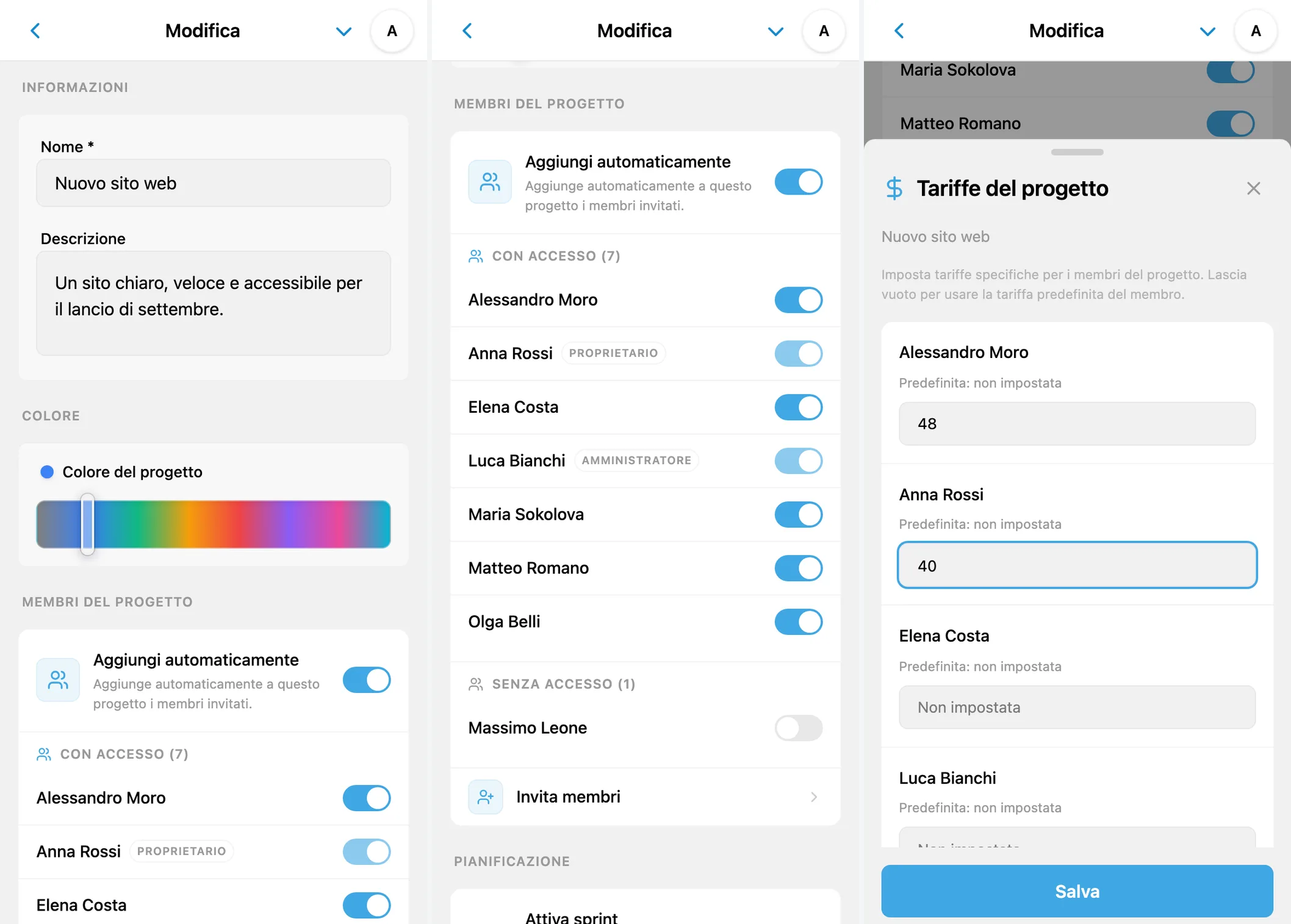 Modifica di un progetto iTasks: membri con e senza accesso, sprint e tariffe specifiche del progetto