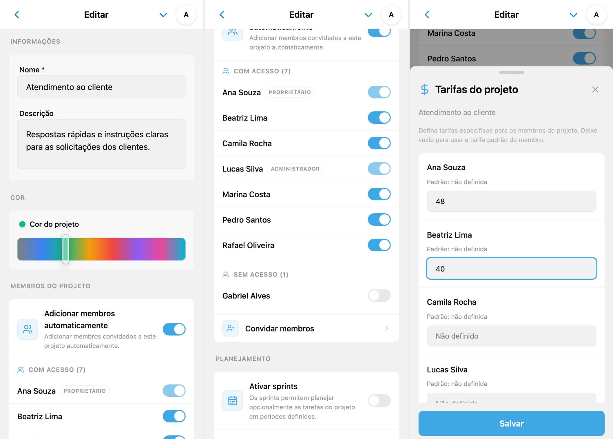 Configurações de projeto: nome, membros, acesso e valores por hora específicos