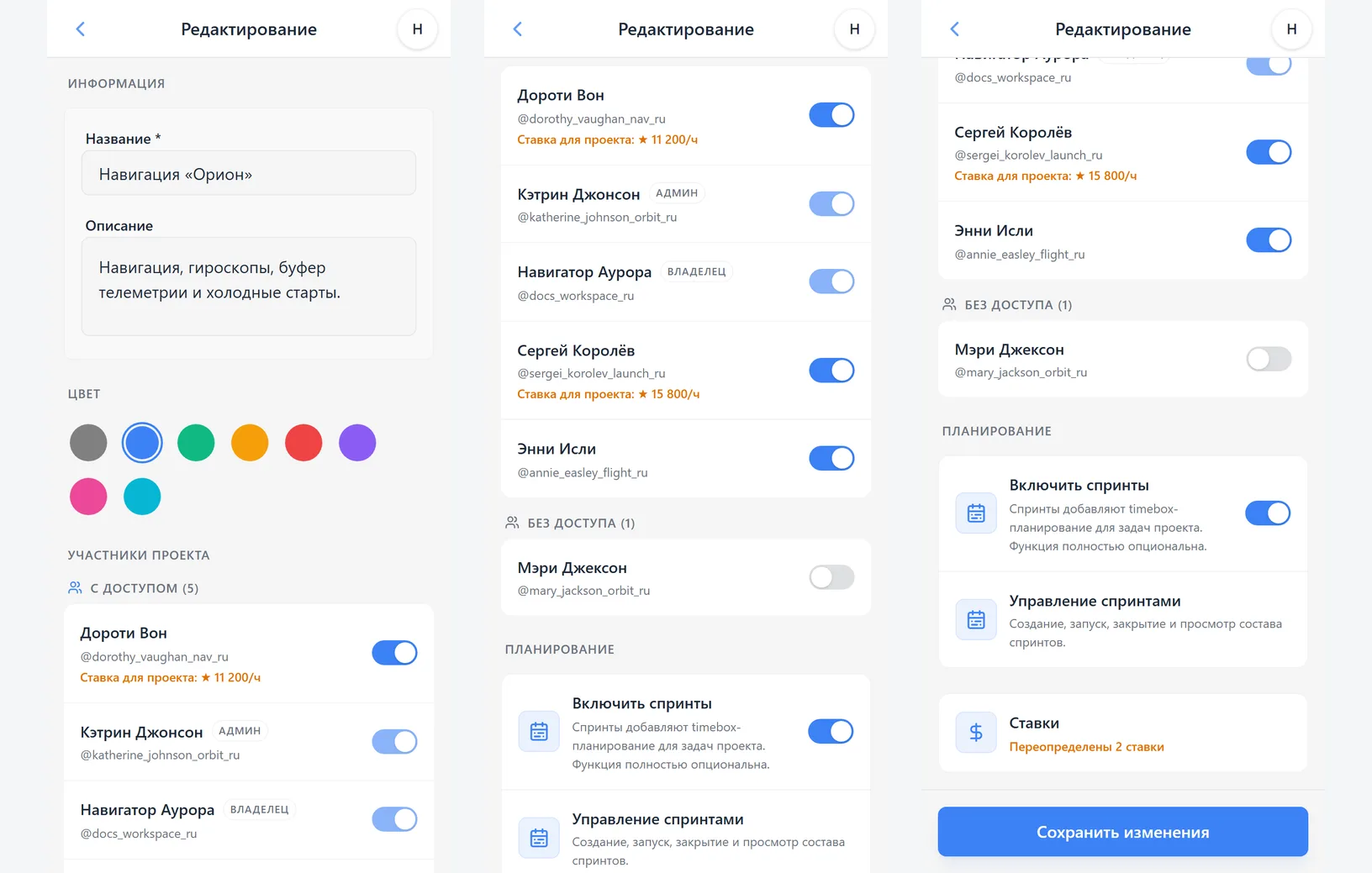 Редактирование проекта iTasks: участники с доступом, участники без доступа, спринты и проектные ставки