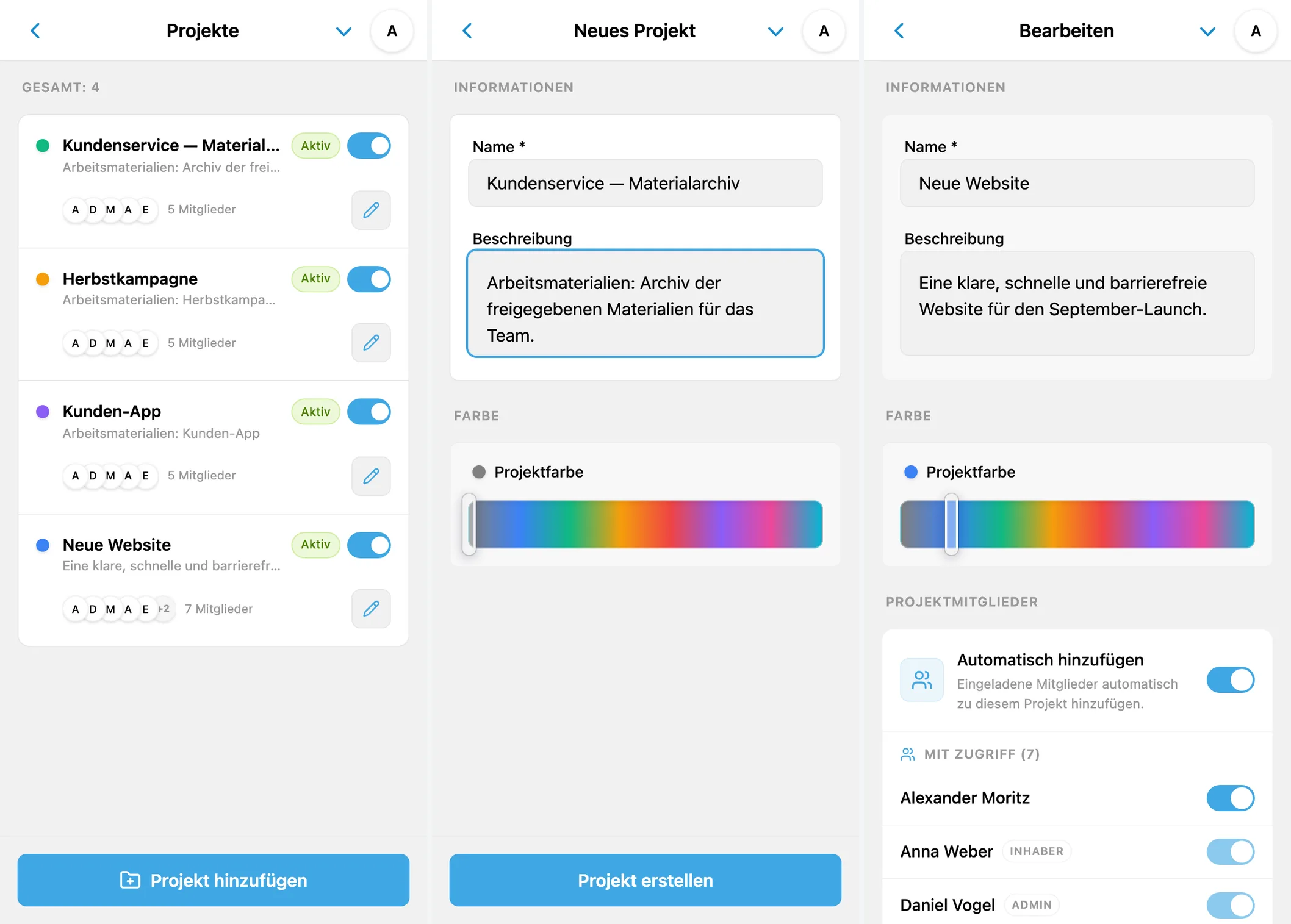 Projektliste in iTasks, ausgefülltes Formular für ein neues Projekt und Einstellungen eines vorhandenen Projekts