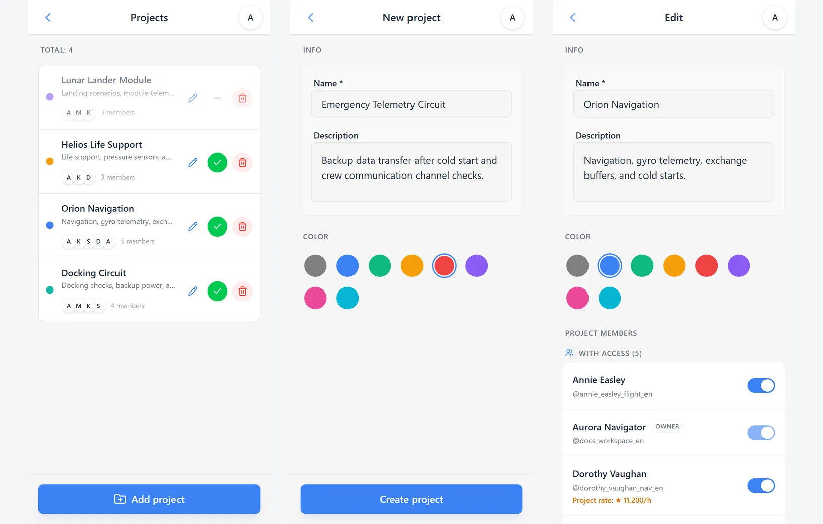 iTasks projects: project list, new project creation, and editing name, description, and color