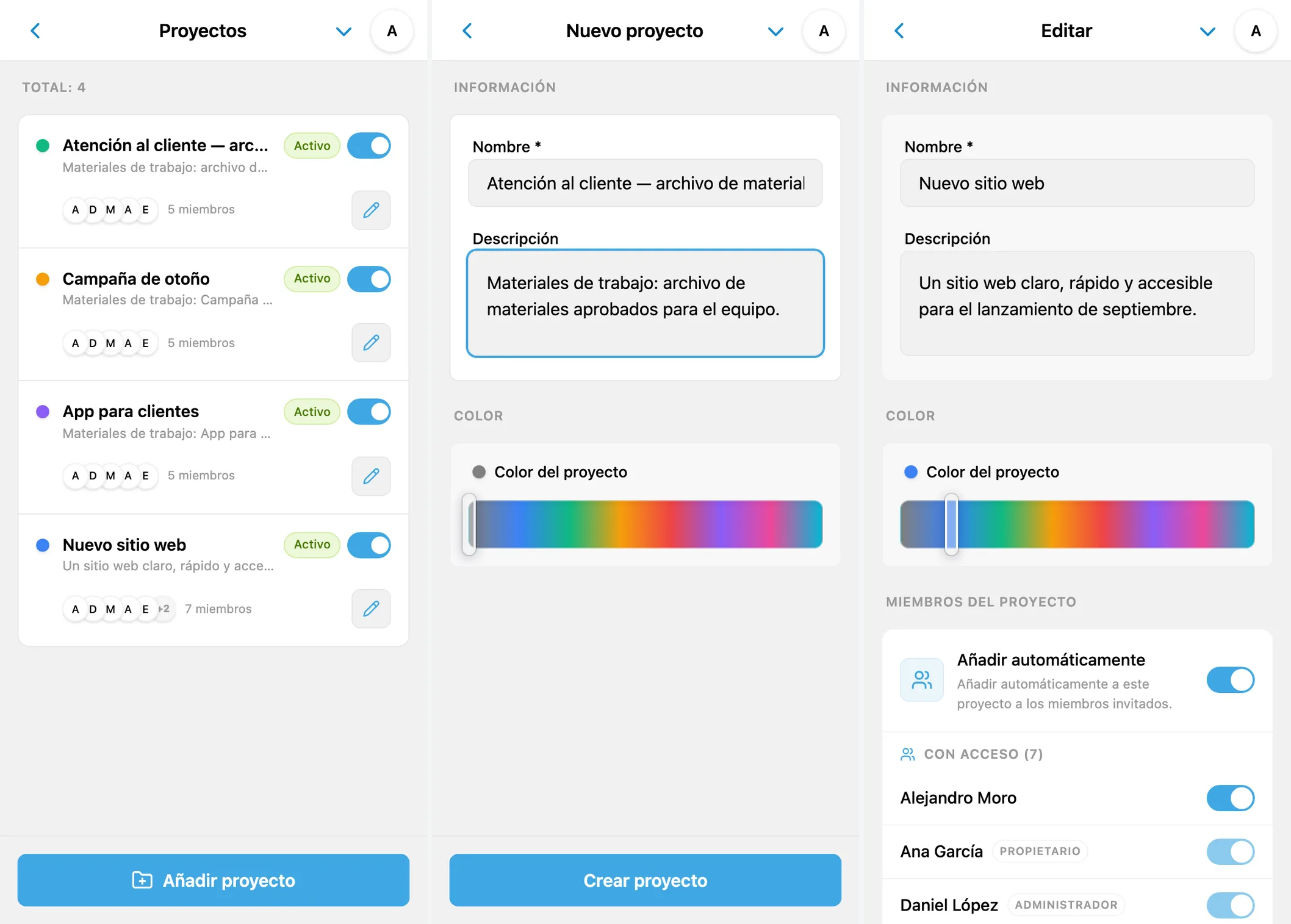 Lista de proyectos de iTasks, formulario completado de un nuevo proyecto y ajustes de un proyecto existente