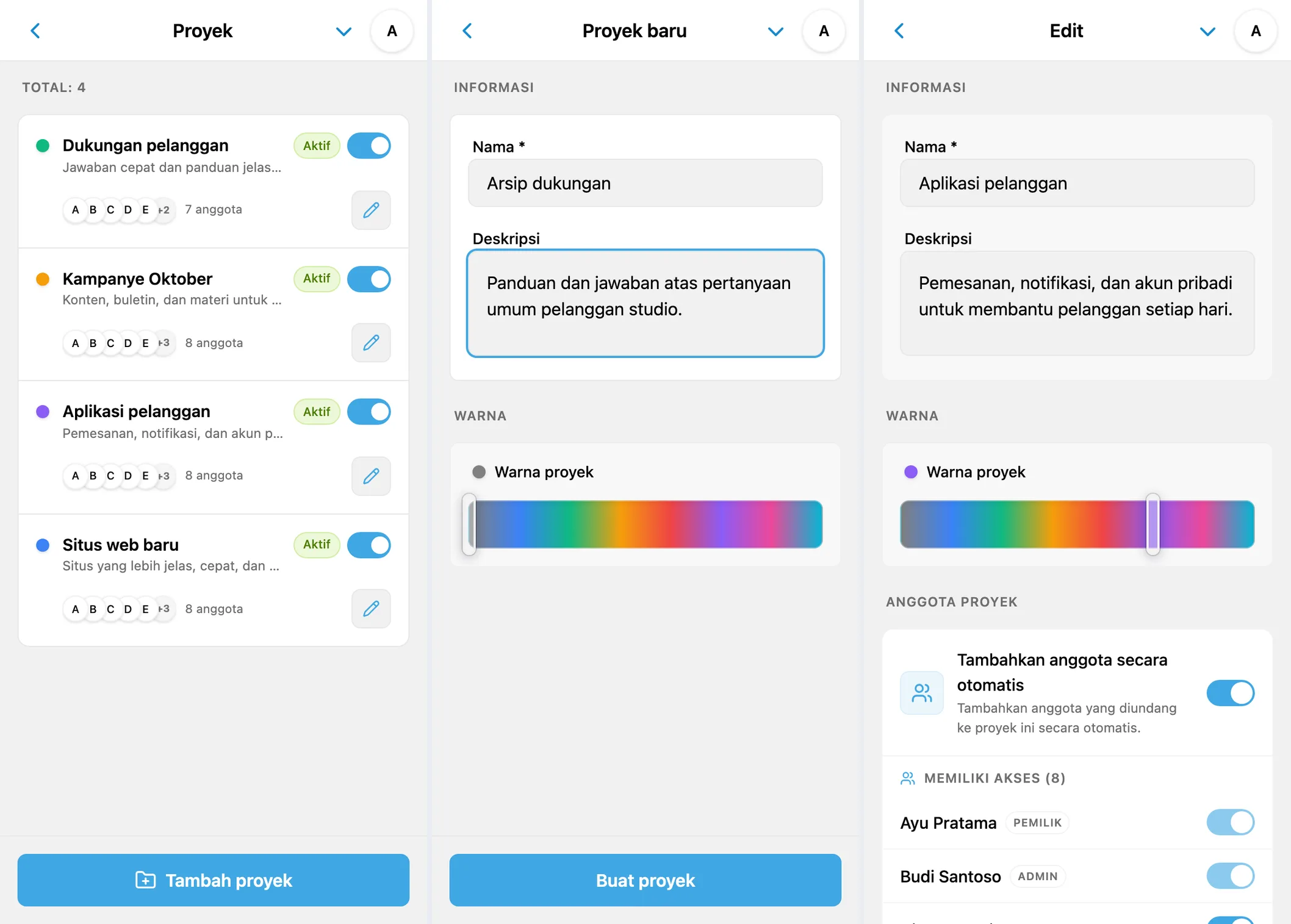 Daftar proyek, formulir pembuatan terisi, dan pengaturan proyek iTasks