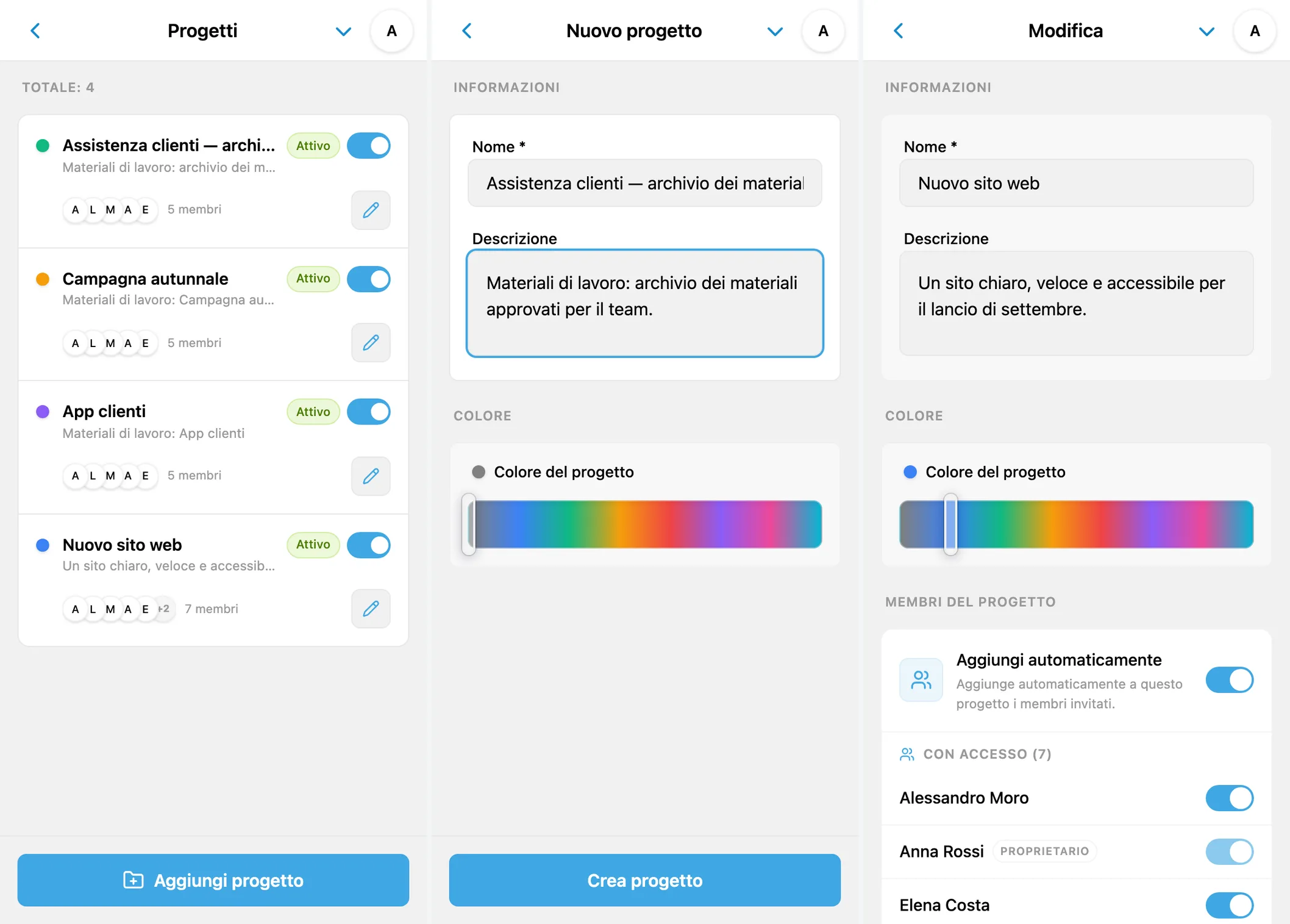 Progetti iTasks: elenco, creazione di un progetto e modifica di nome, descrizione e colore