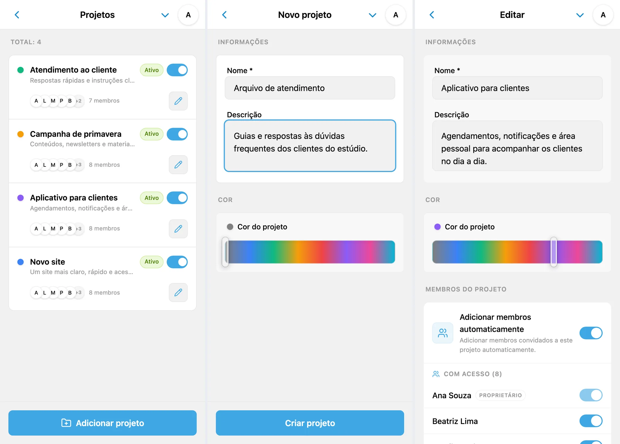 Lista de projetos do iTasks, formulário de novo projeto preenchido e configurações de um projeto existente