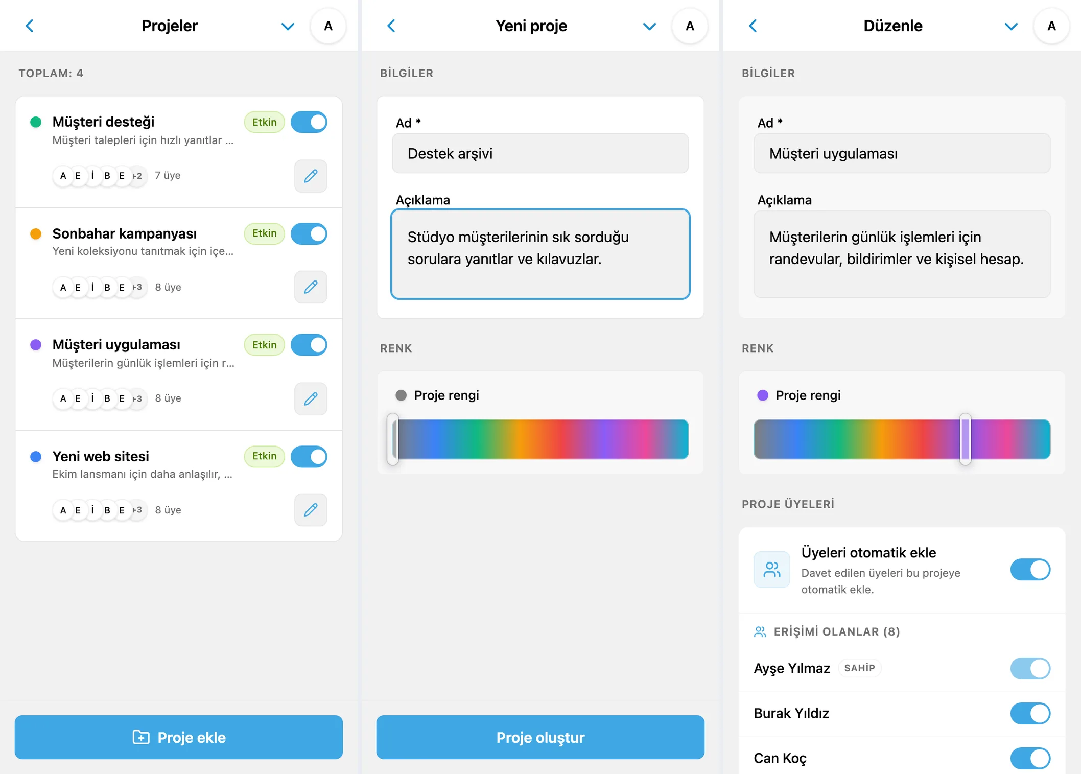 iTasks proje listesi, doldurulmuş yeni proje formu ve mevcut proje ayarları