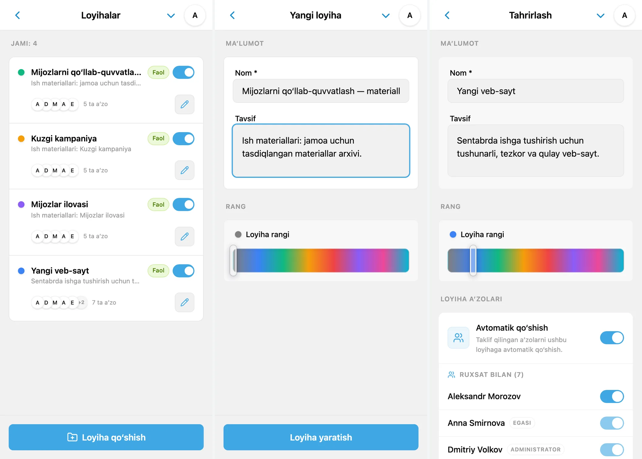 iTasks loyihalar ro‘yxati, tugallangan yangi loyiha formasi va mavjud loyiha sozlamalari