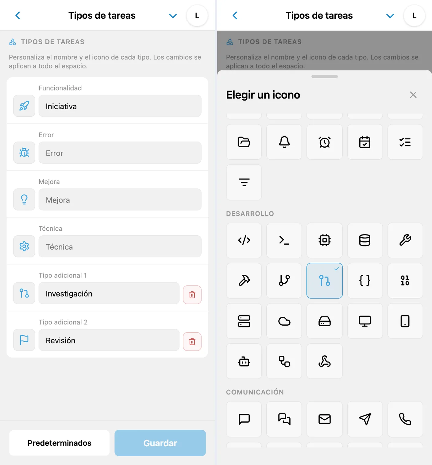 Configuración de seis tipos de tareas con nombres e iconos personalizados, dos tipos adicionales y el catálogo de iconos