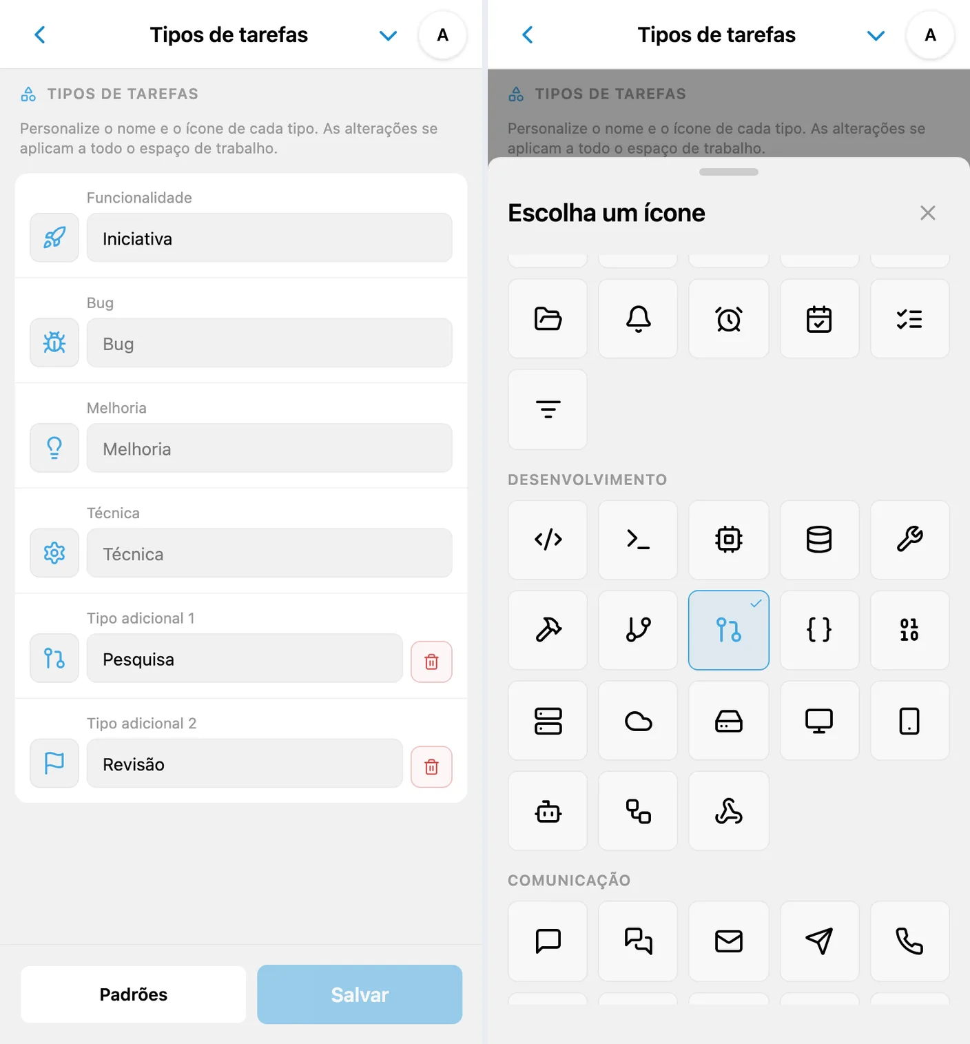 Seis tipos de tarefa com nomes e ícones personalizados, incluindo dois extras, e catálogo de ícones