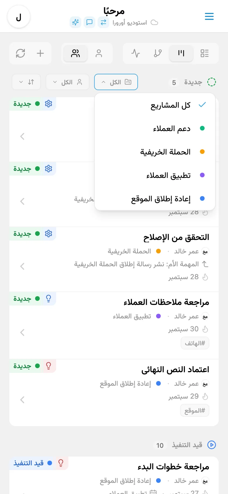لوحة تصفية المهام حسب المشروع
