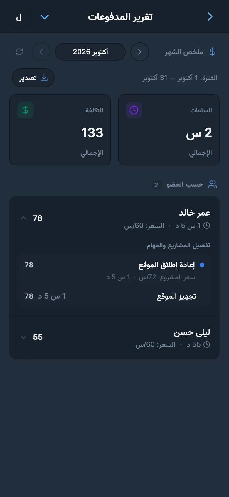 تفاصيل التقرير حسب الأعضاء والمشاريع والمهام