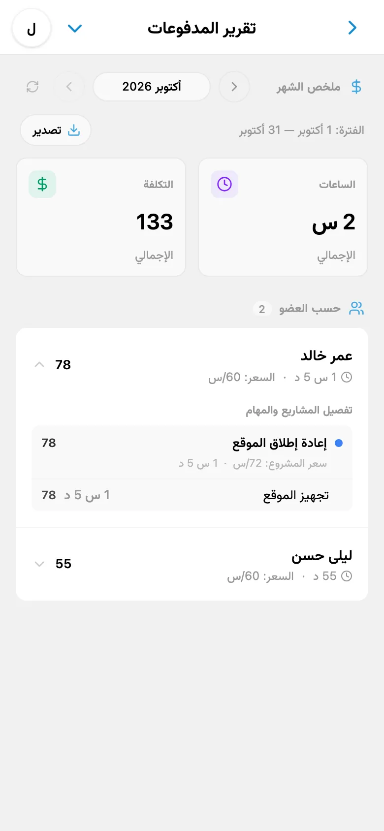 تفاصيل التقرير حسب الأعضاء والمشاريع والمهام