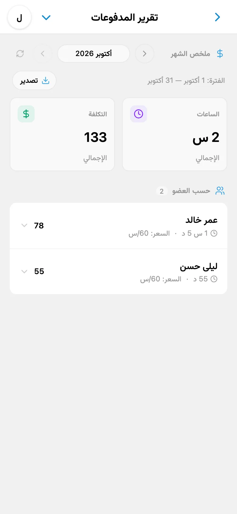 تقرير شهري عن الوقت المستغرق وتكلفة العمل