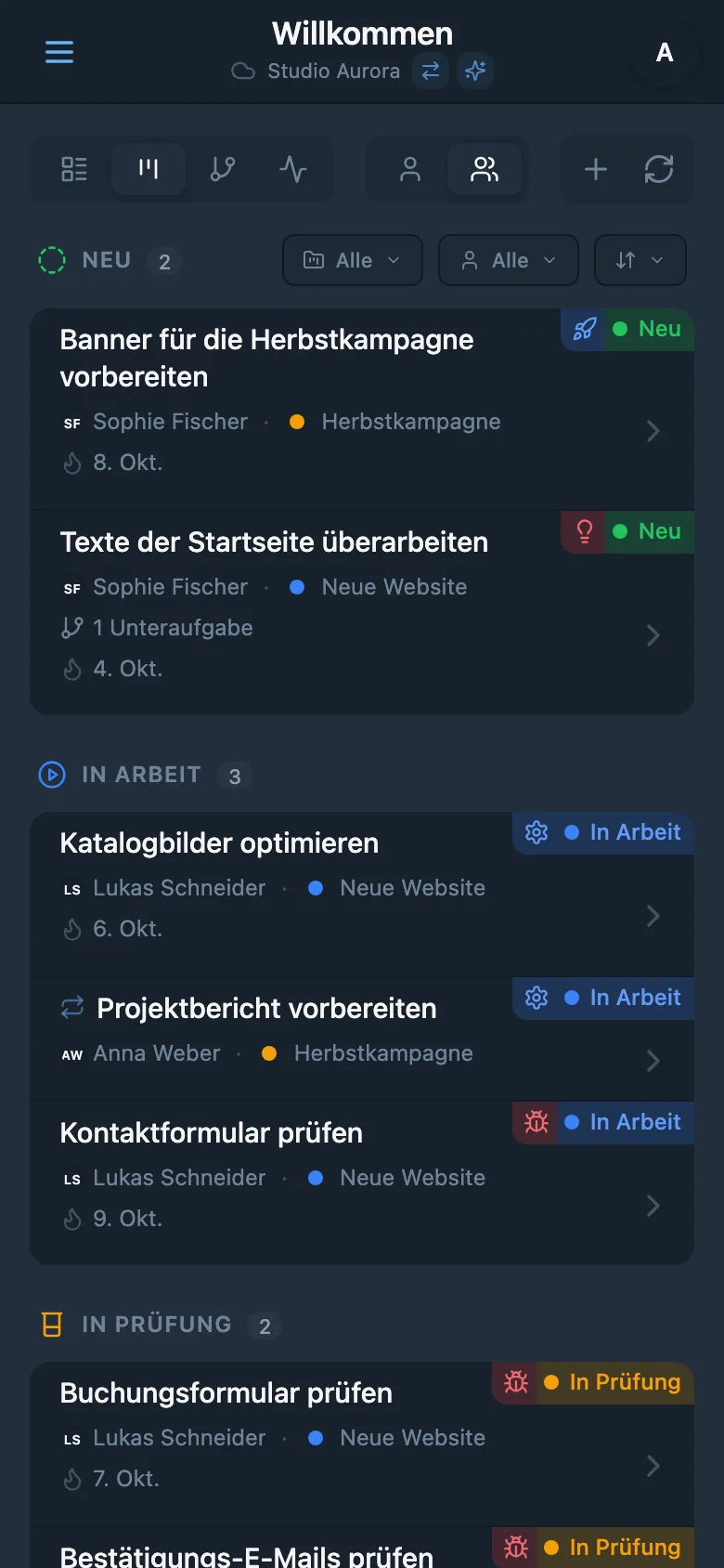 Kanban-Board mit nach Status gruppierten Aufgaben
