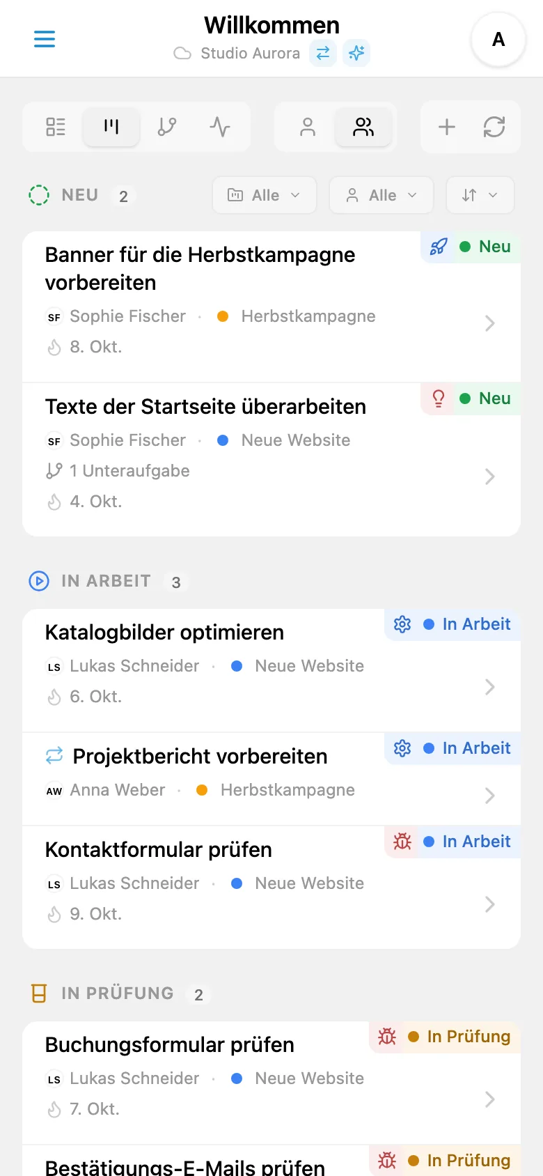 Kanban-Board mit nach Status gruppierten Aufgaben