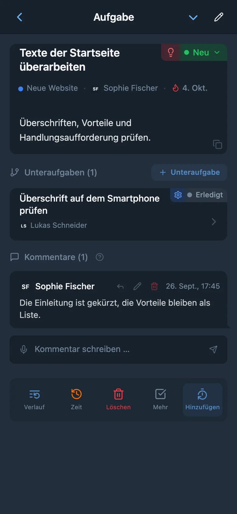 Aufgabenkarte, geöffnet über das Kanban-Board des Projekts