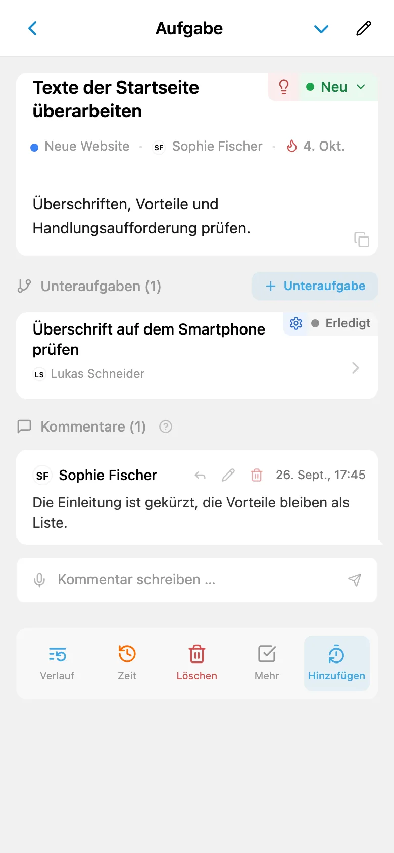 Aufgabenkarte, geöffnet über das Kanban-Board des Projekts