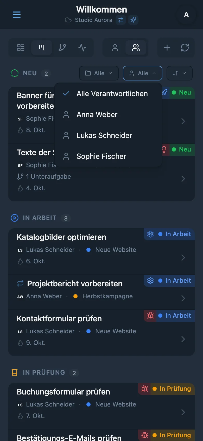 Aufgaben nach zuständiger Person filtern