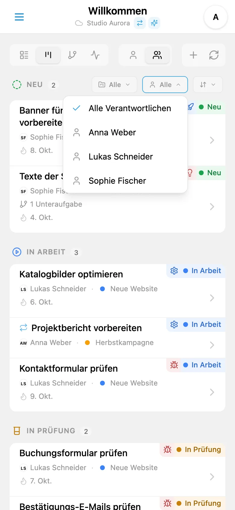Aufgaben nach zuständiger Person filtern