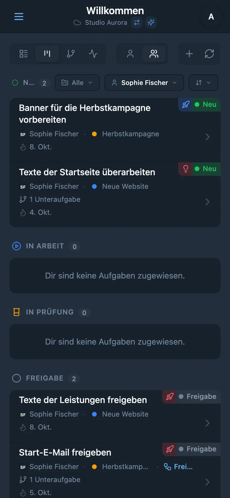 Nach zuständiger Person gefiltertes Kanban-Board