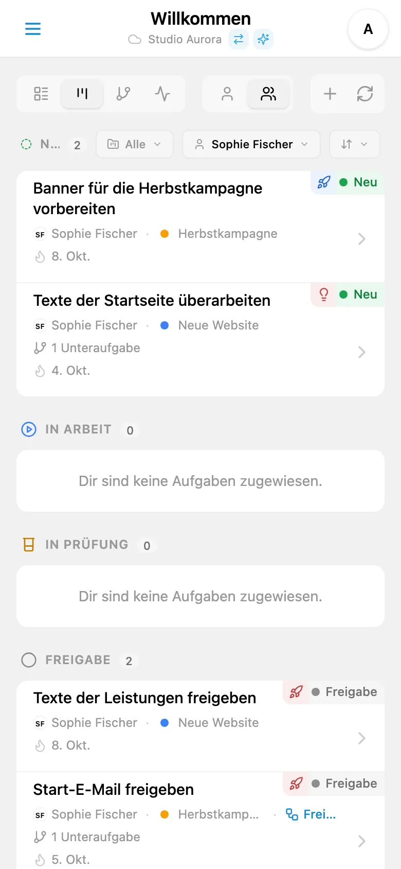 Nach zuständiger Person gefiltertes Kanban-Board