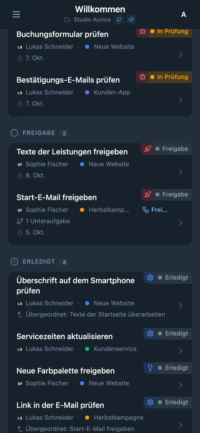 Spalte für abgeschlossene Aufgaben im Kanban-Board