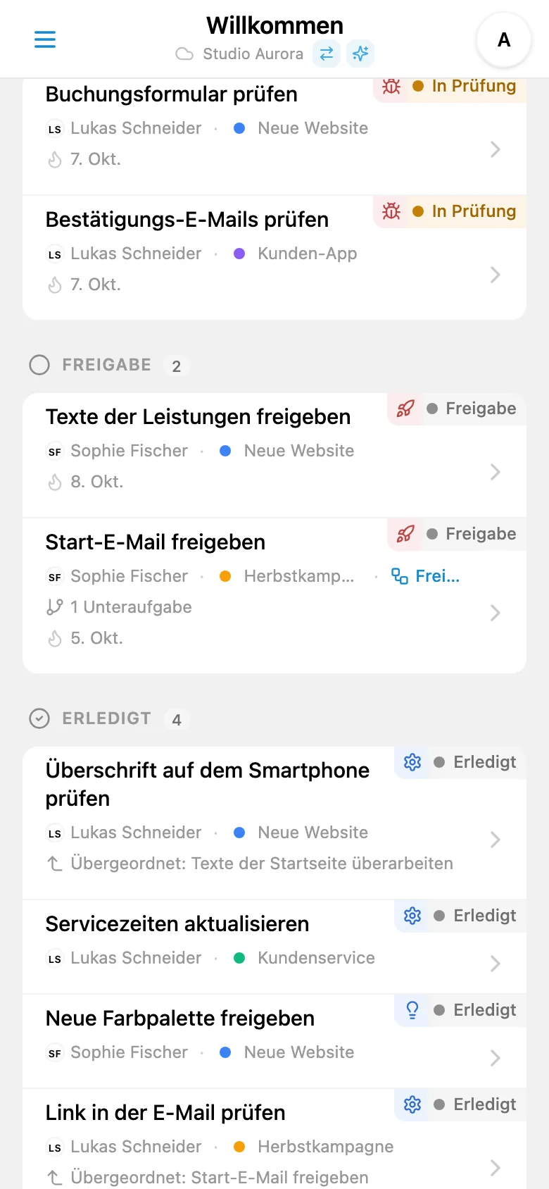 Spalte für abgeschlossene Aufgaben im Kanban-Board