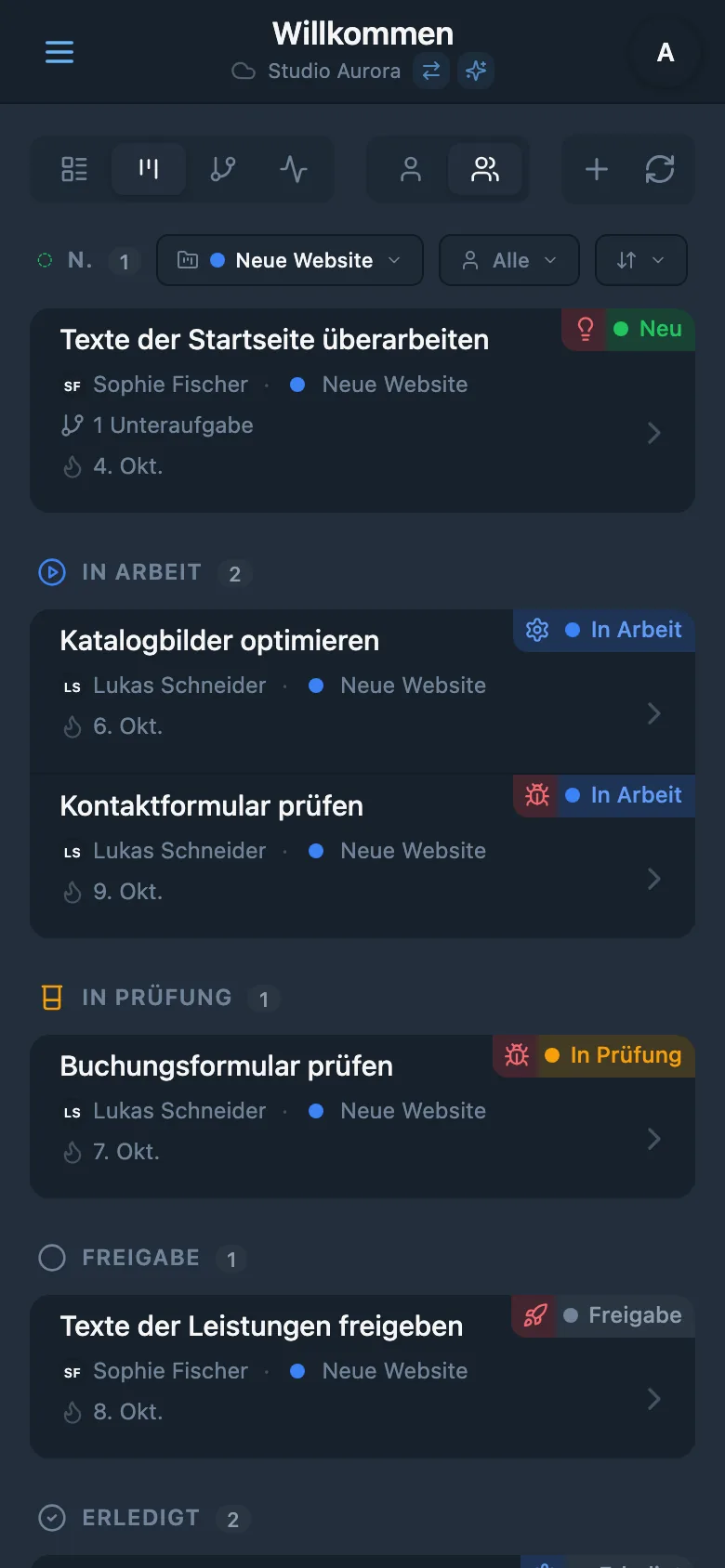 Kanban-Board mit Projektfilter