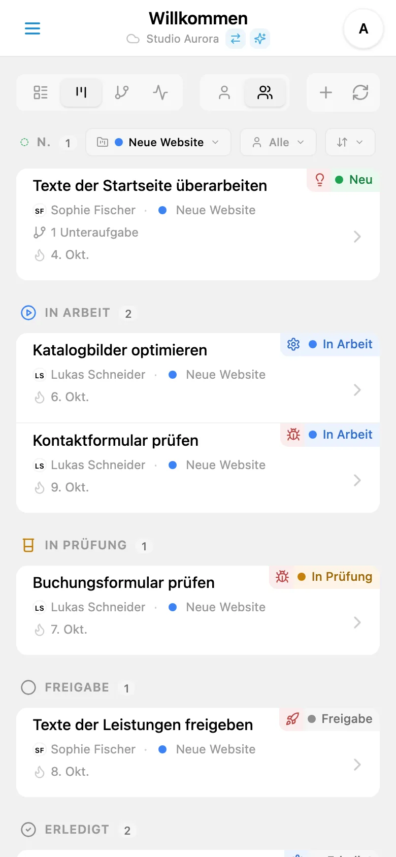 Kanban-Board mit Projektfilter