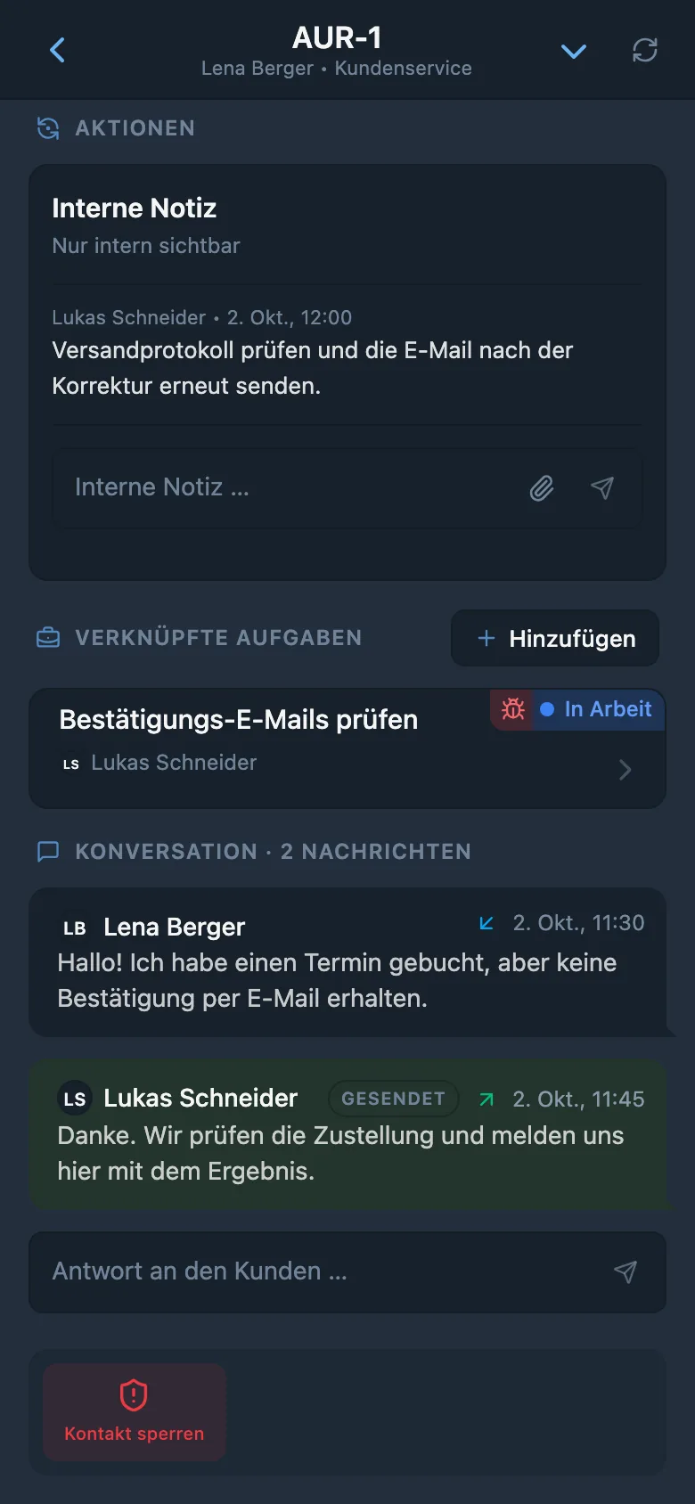 Offene Kundenanfrage mit Status und zuständiger Person