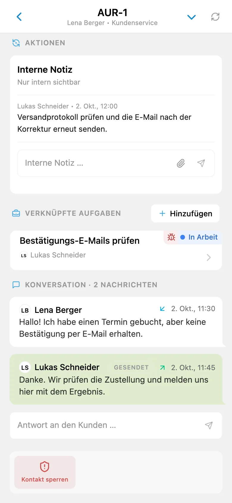 Offene Kundenanfrage mit Status und zuständiger Person