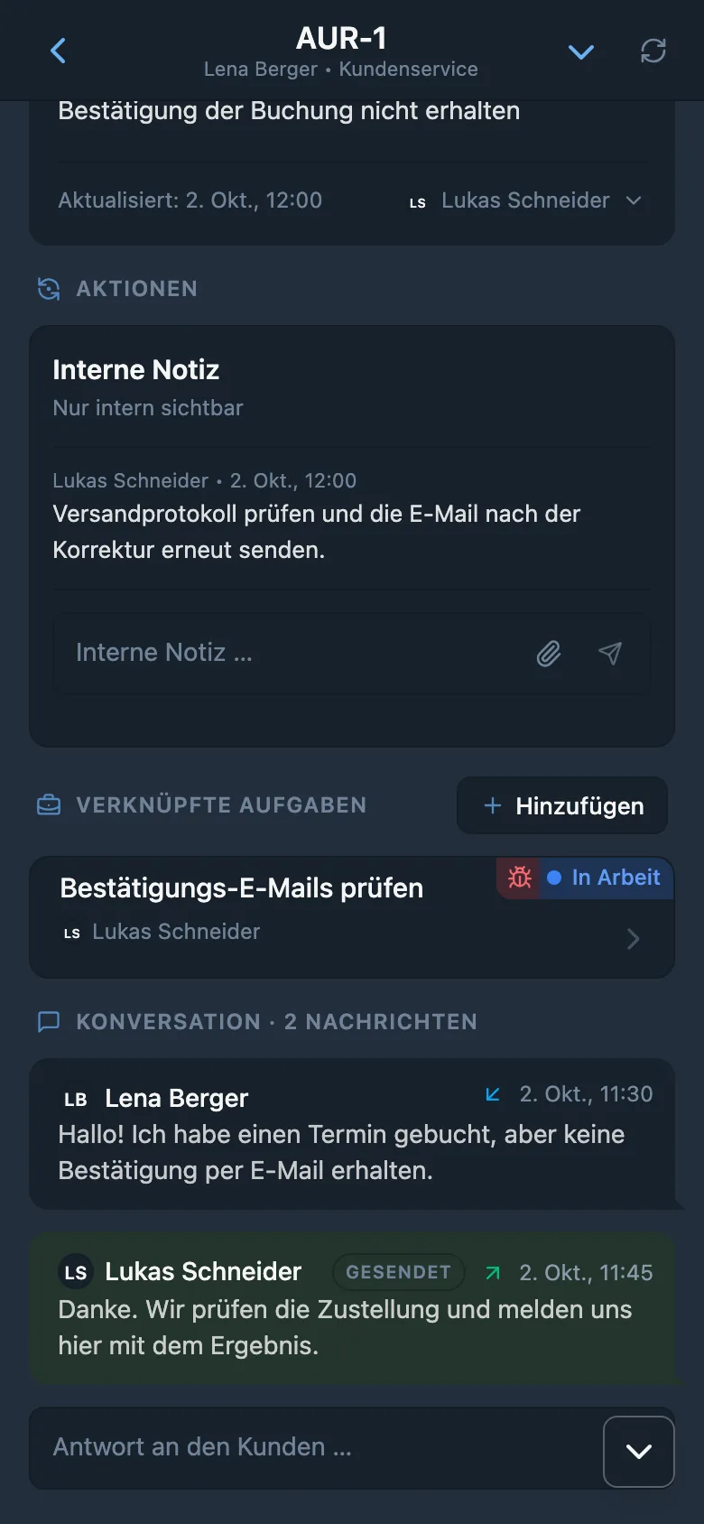 Interne Notiz in einer HelpDesk-Anfrage