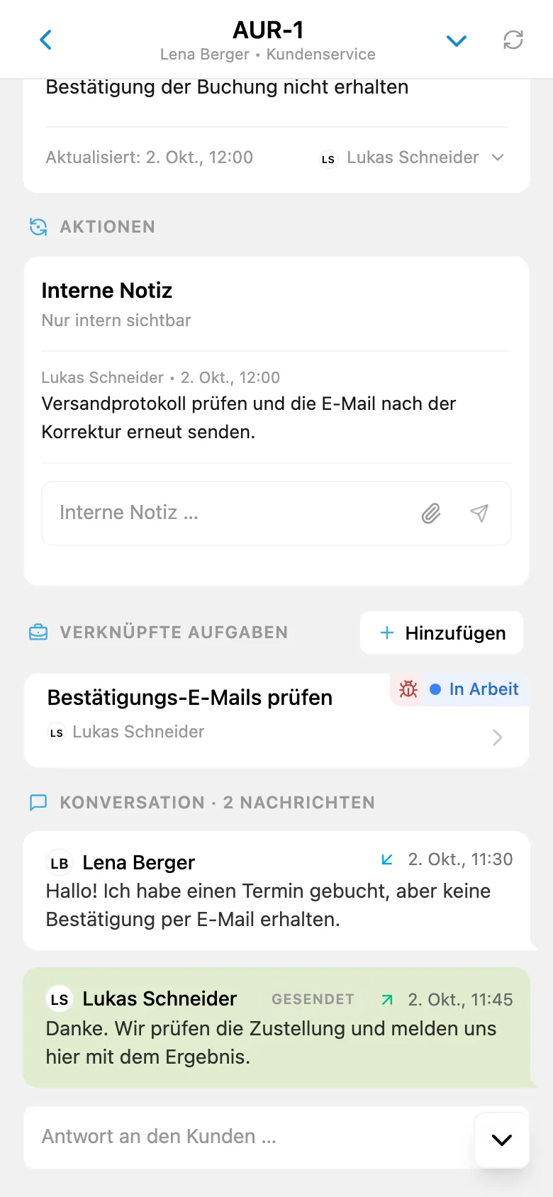 Interne Notiz in einer HelpDesk-Anfrage
