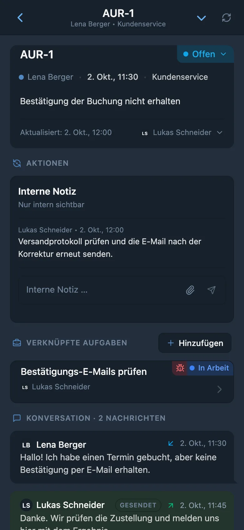 Kundenanfrage mit Link zu einer verknüpften Aufgabe