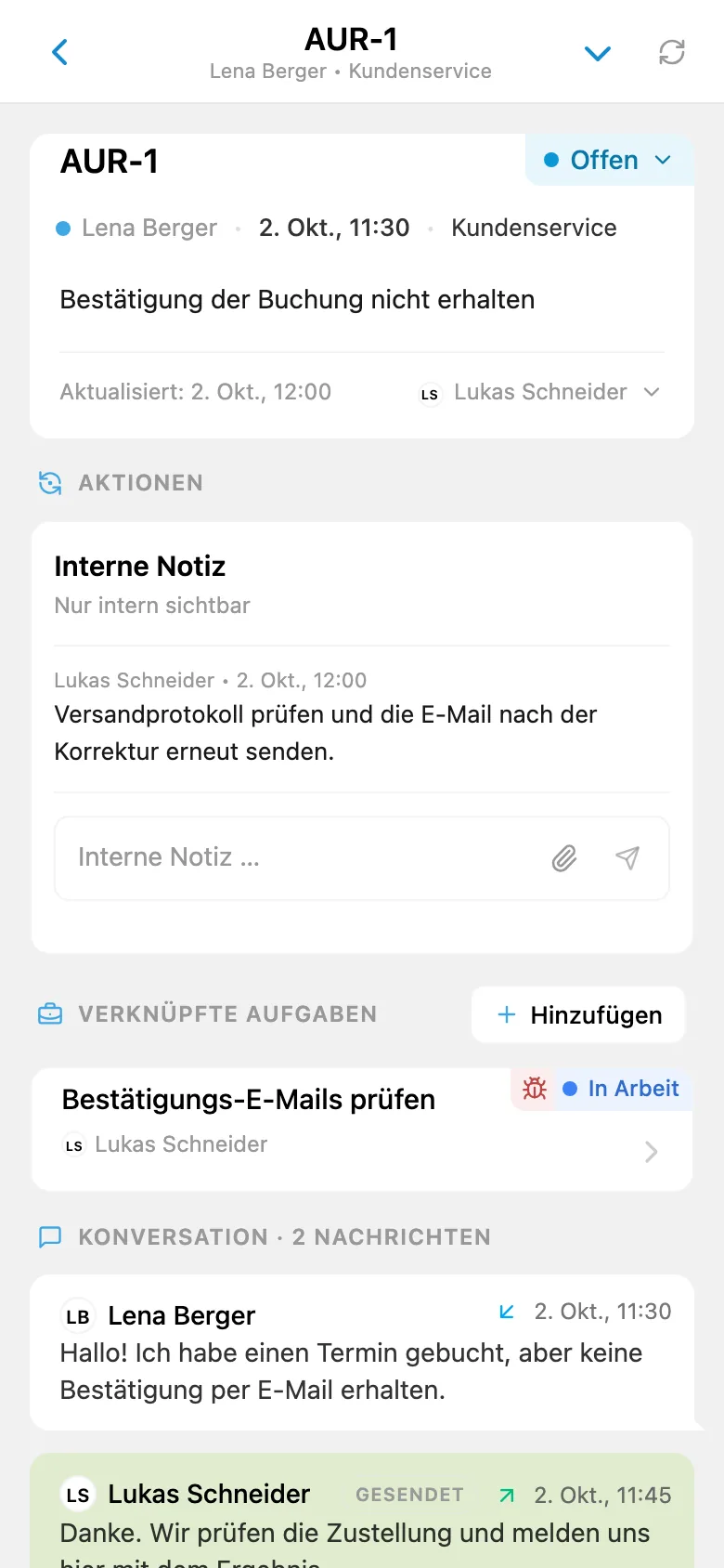 Kundenanfrage mit Link zu einer verknüpften Aufgabe