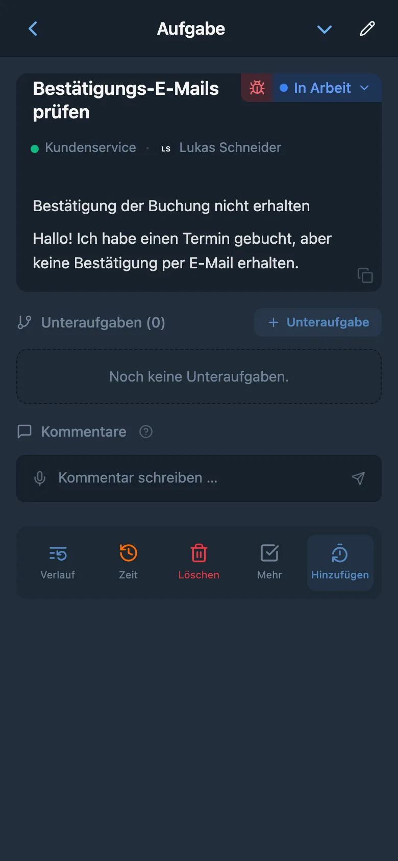 Aufgabenkarte, die mit einer Kundenanfrage verknüpft ist