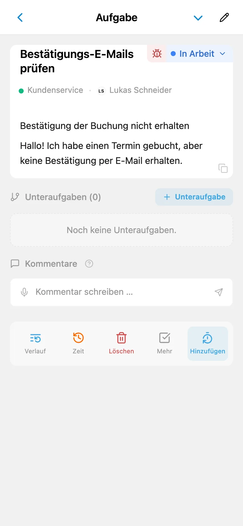 Aufgabenkarte, die mit einer Kundenanfrage verknüpft ist