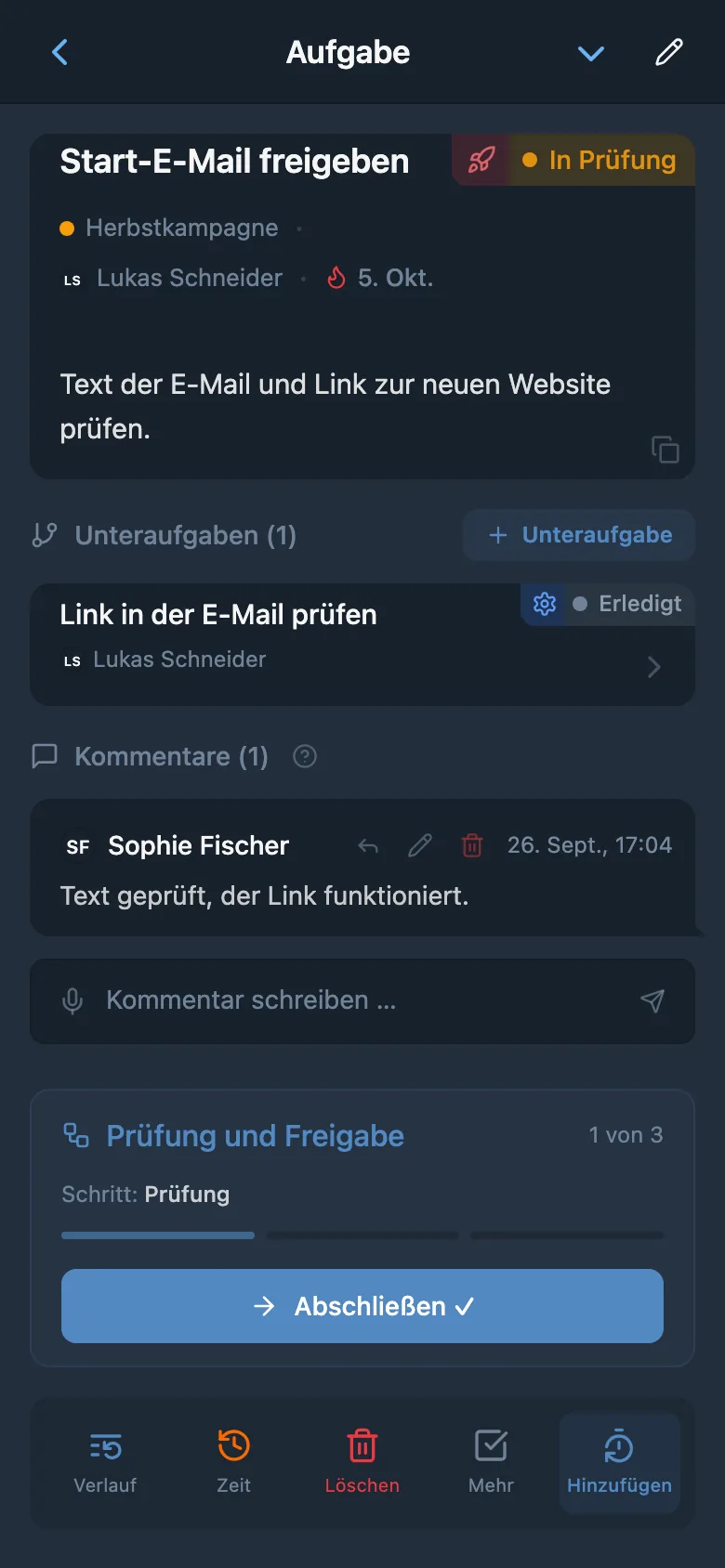 Aufgabe in der Prüfphase mit Schaltfläche für den Wechsel zur nächsten Phase