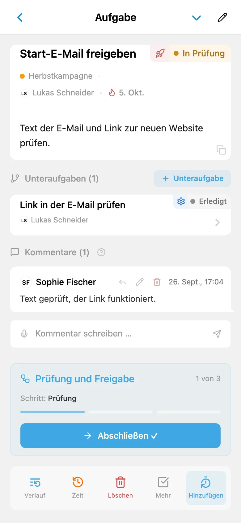 Aufgabe in der Prüfphase mit Schaltfläche für den Wechsel zur nächsten Phase