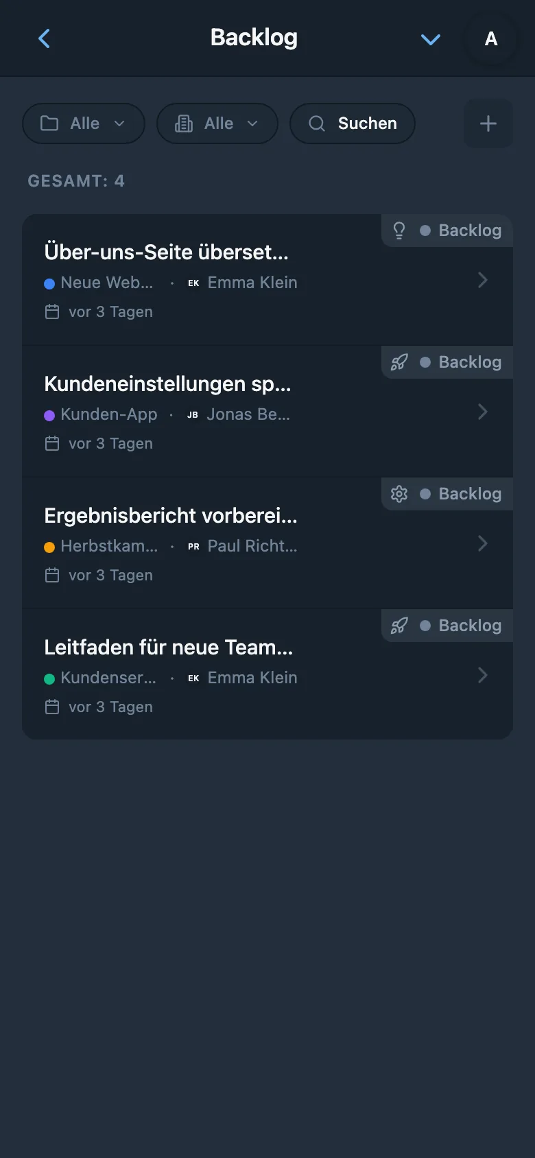 Projekt-Backlog mit Aufgaben, die noch nicht begonnen wurden