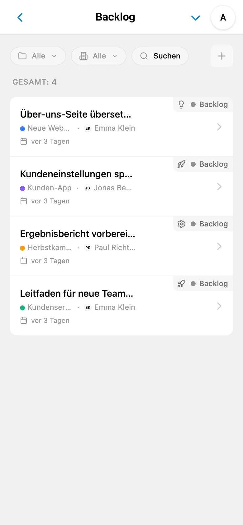 Projekt-Backlog mit Aufgaben, die noch nicht begonnen wurden
