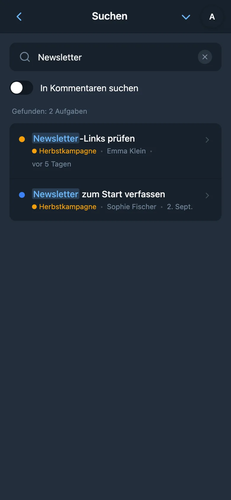 Aufgabensuche mit eingegebener Suchanfrage und Ergebnissen